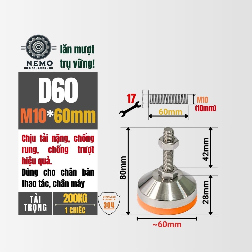 Chân Tăng Chỉnh Inox 304 Ren M10 – Chống Gỉ Tuyệt Đối, Đế Bát Dày Chịu Tải Nặng